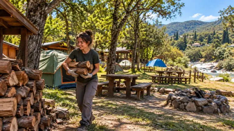Jóvenes haciendo voluntariado al aire libre en un camping de las Sierras de Córdoba